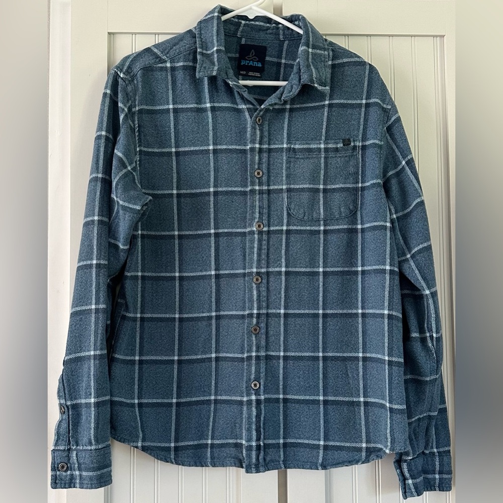 Prana Breathe Cotton Flannel Shirt Blue Plaid Long Sleeve Medium